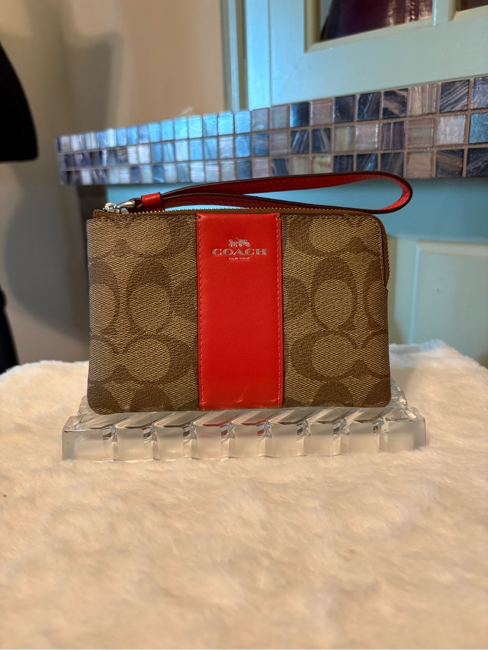 Coach Brown Signature Canvas Wristlet with Red Stripe